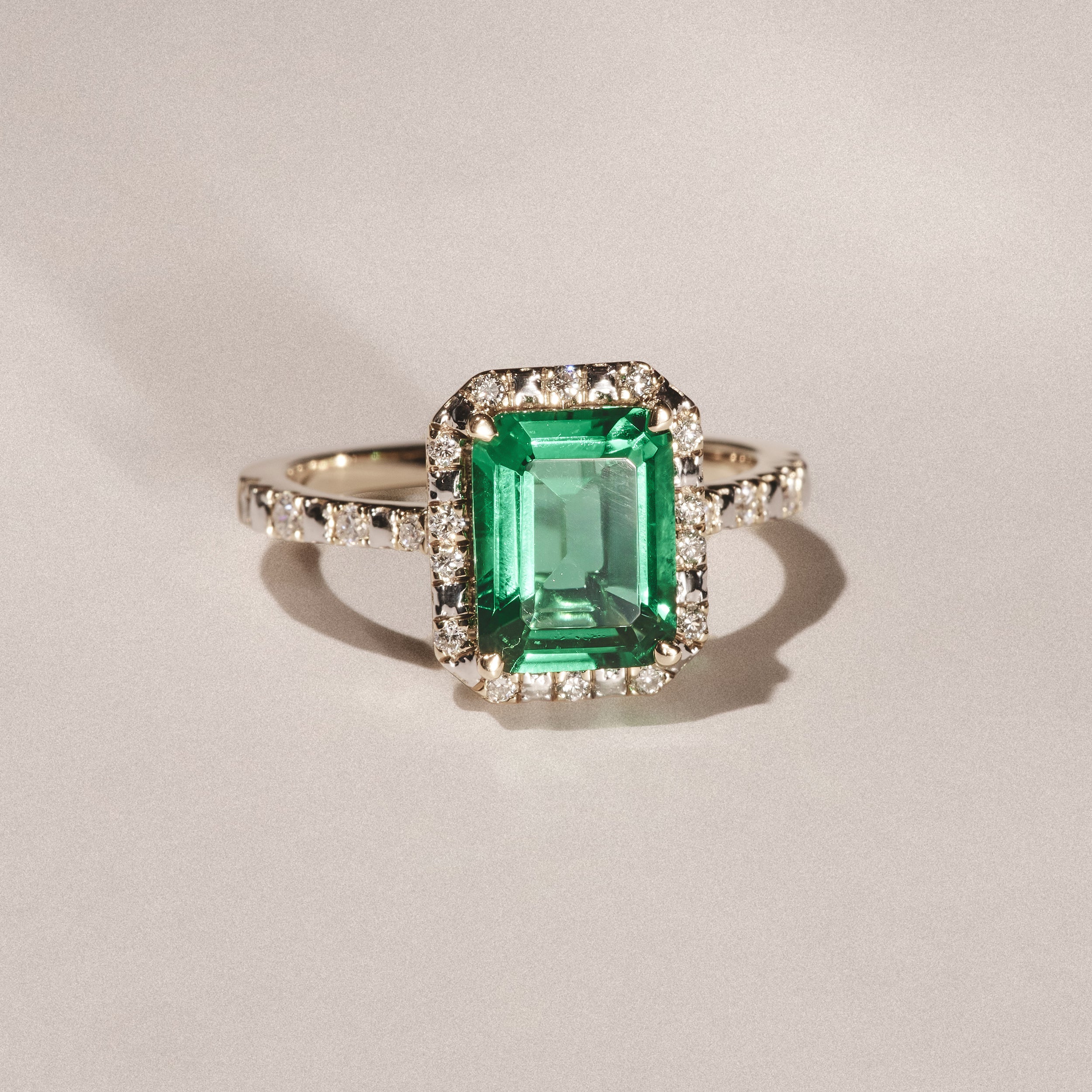 Astra 1.50ct Lab Emerald and Diamond Halo Shoulder Set Octagon Cut Ring in 18K Gold Vermeil